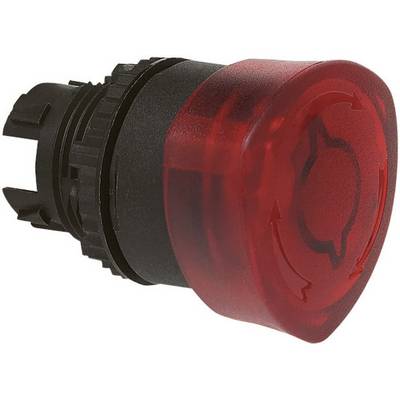 Bouton d'arrêt d'urgence rouge avec symboles de flèches, utilisé pour interrompre rapidement le fonctionnement d'une machine en cas de situation d'urgence.