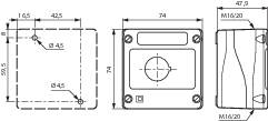 Dessin technique d'un appareil carré avec des dimensions indiquées à partir de différentes vues : vue de face, vue latérale et vue de dessus.