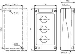 Plans d'un appareil électronique avec dimensions et détails des connexions et des éléments de commande.