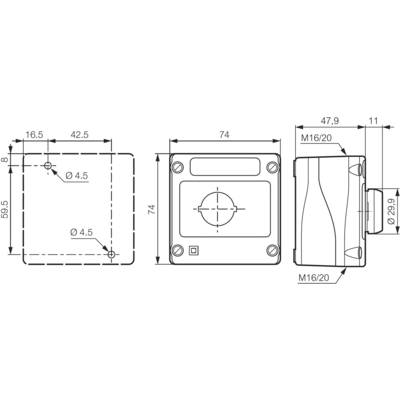 Dessin technique d'un boîtier rectangulaire avec des dimensions détaillées en millimètres, représentant trois vues : vue de face, vue latérale et vue de dessus.