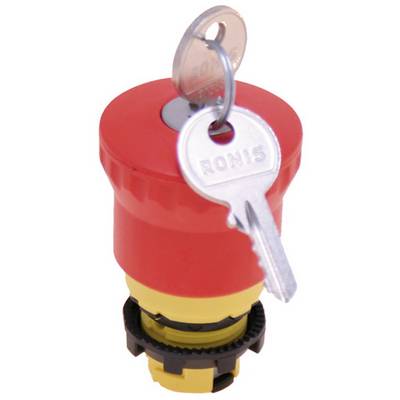 Bouton d'arrêt d'urgence rouge avec clé métallique, déverrouillé. Utilisé pour interrompre les circuits électriques en cas d'urgence.
