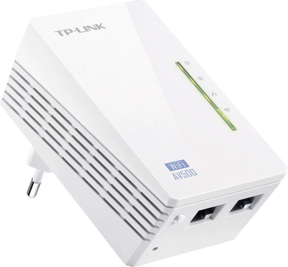 Répéteur Wi-Fi blanc de la marque TP-Link avec deux ports Ethernet et des voyants LED, adapté pour étendre la portée du signal Wi-Fi.