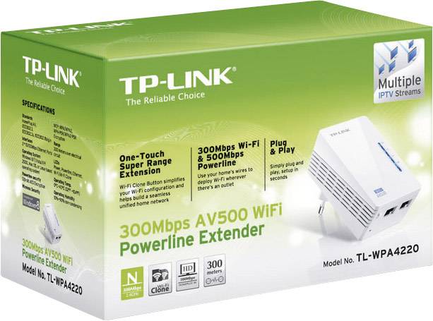 'Extendeur CPL TP-Link AV500 WiFi' Emballage avec image du périphérique, offrant 300 Mbps de WiFi et de réseau via les lignes électriques existantes.