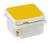 Bouton-poussoir mécanique jaune avec boîtier blanc, de forme carrée, souvent utilisé dans les claviers ou les dispositifs de commande.