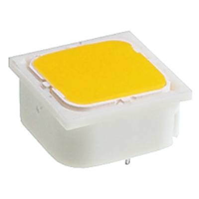 Un puce LED carrée avec une surface lumineuse jaune dans un boîtier blanc, présentée dans une vue légèrement de côté.