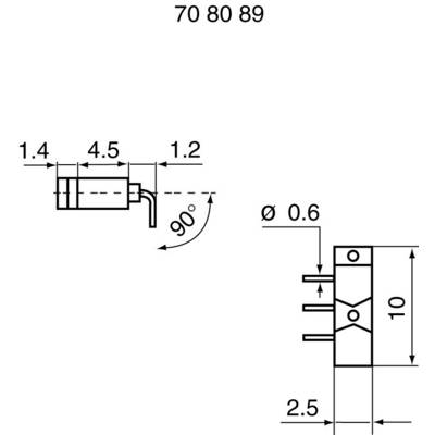 Dessin technique d'un composant électronique avec dimensions ; présente les vues de côté et de face, indiquant les longueurs et les diamètres.