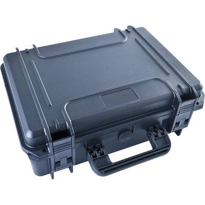 Attaché-case noir, robuste, avec poignée de transport et fermetures.