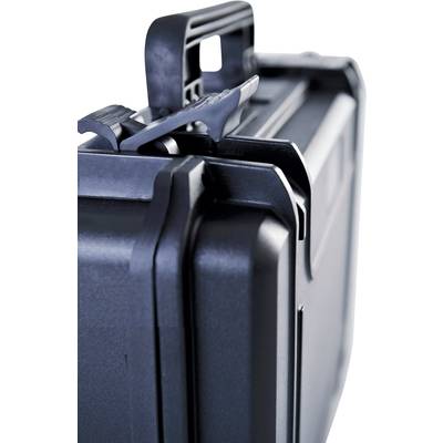 Valise de sécurité en noir avec une poignée robuste et des fermetures verrouillables, idéale pour le transport en toute sécurité d'objets fragiles.