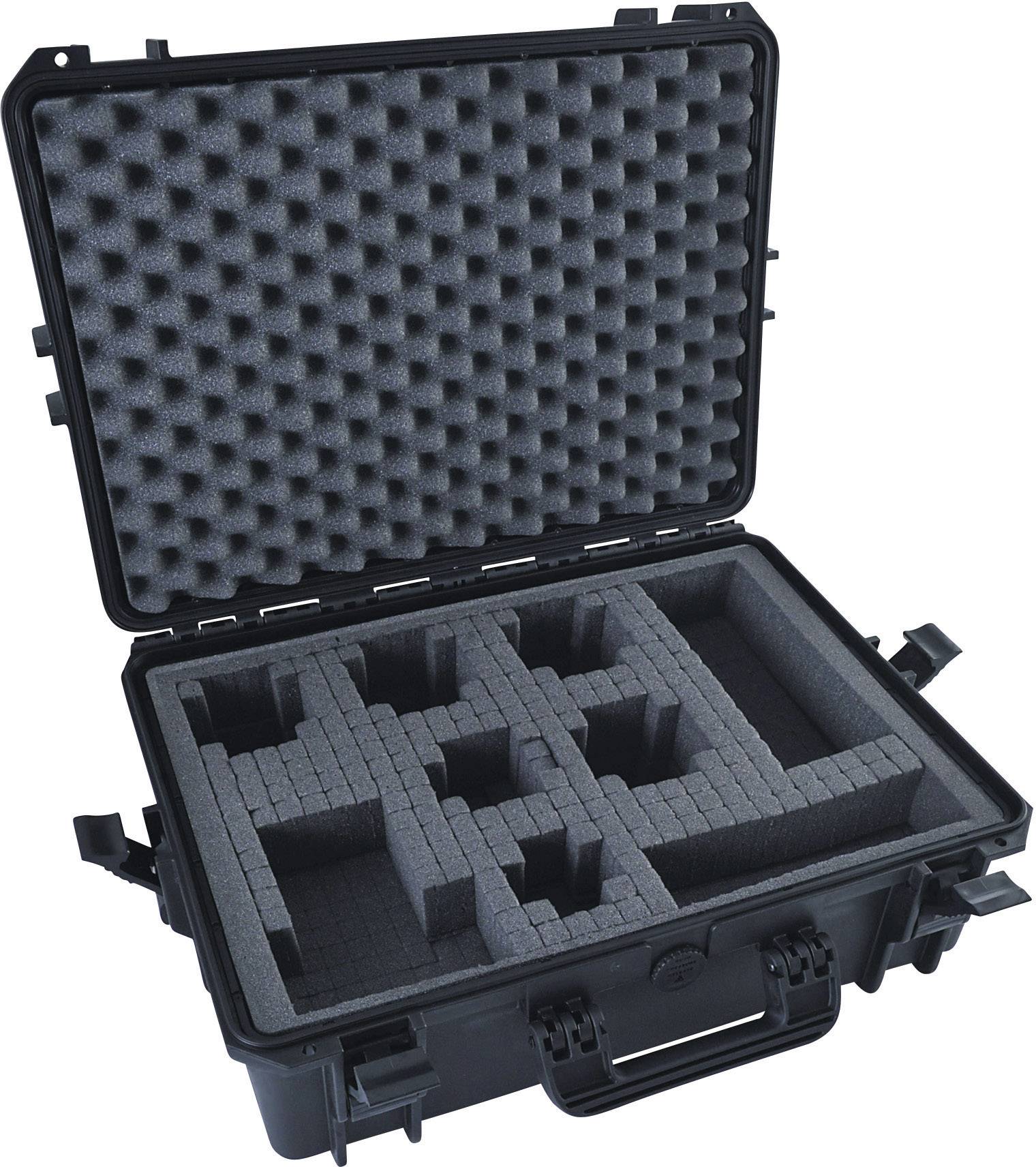 Mallette noire en plastique rigide avec couvercle ouvert ; intérieur avec mousse de protection et compartiments, adaptée au transport sécurisé d'équipements fragiles.