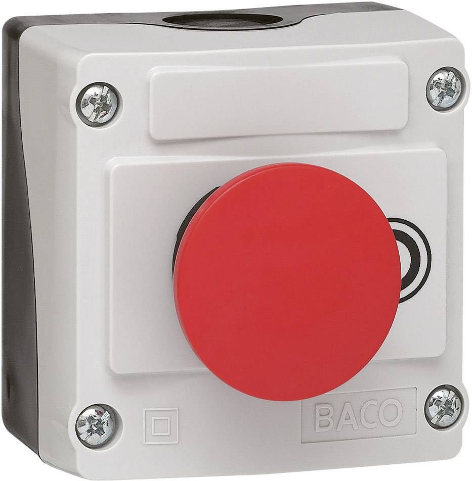 Un bouton d'arrêt d'urgence rouge sur un fond gris, souvent utilisé pour arrêter rapidement des machines en cas d'urgence.