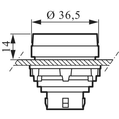 Vue technique latérale d'une pièce cylindrique. Diamètre en haut 'Ø 36,5', profondeur vers le bas '14'.