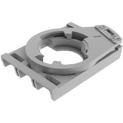 Pièce rectangulaire grise en plastique avec une ouverture circulaire et des bords rainurés, probablement un support de fixation pour un appareil ou un dispositif de montage.