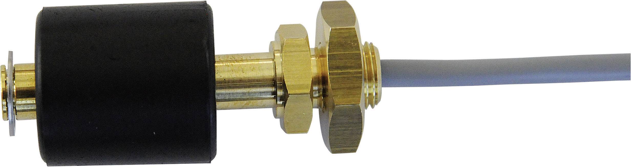 Un capteur de mesure avec un boîtier noir et doré est fixé par un écrou. Un câble part vers la droite.