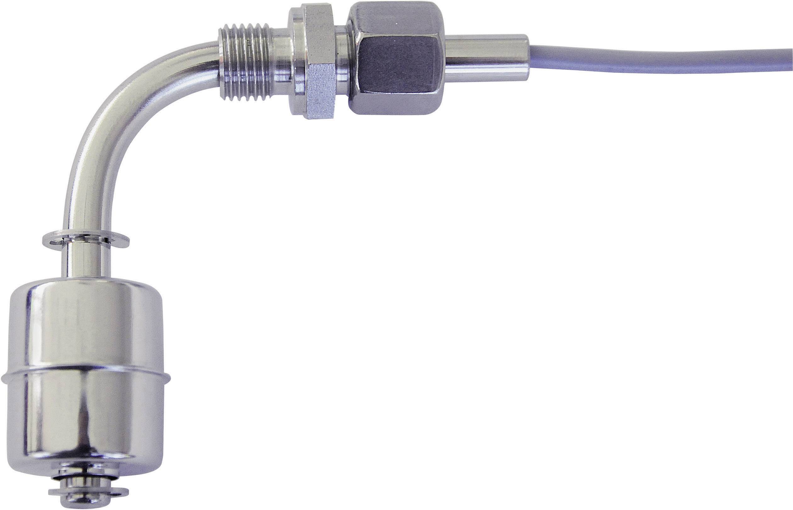 Une valve en métal argenté avec un raccord, reliée à un câble gris.