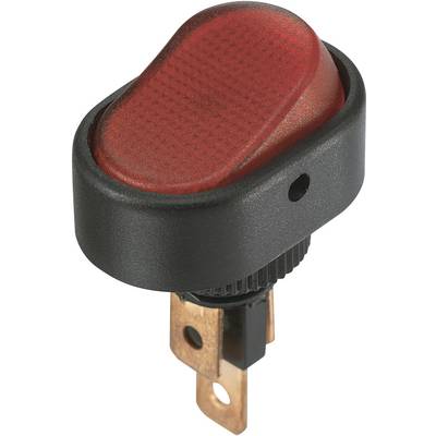 Un interrupteur à bascule rouge avec un boîtier noir, adapté aux appareils électroniques, indique sa position lorsqu'il est activé.