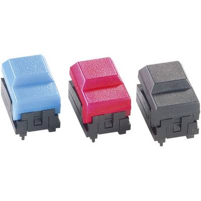 Trois interrupteurs mécaniques à touches en bleu, rouge et noir sur un fond blanc. Chaque interrupteur est équipé d'un capuchon rectangulaire.