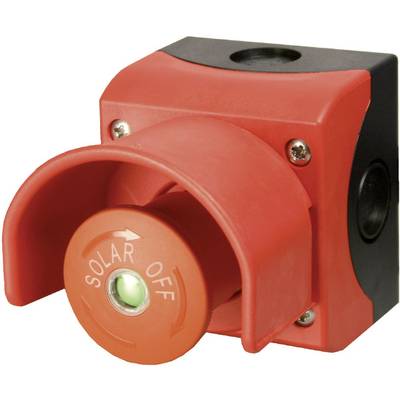 Interrupteur rouge avec capot de protection, étiqueté 'SOLAR OFF', probablement utilisé pour éteindre une installation solaire.