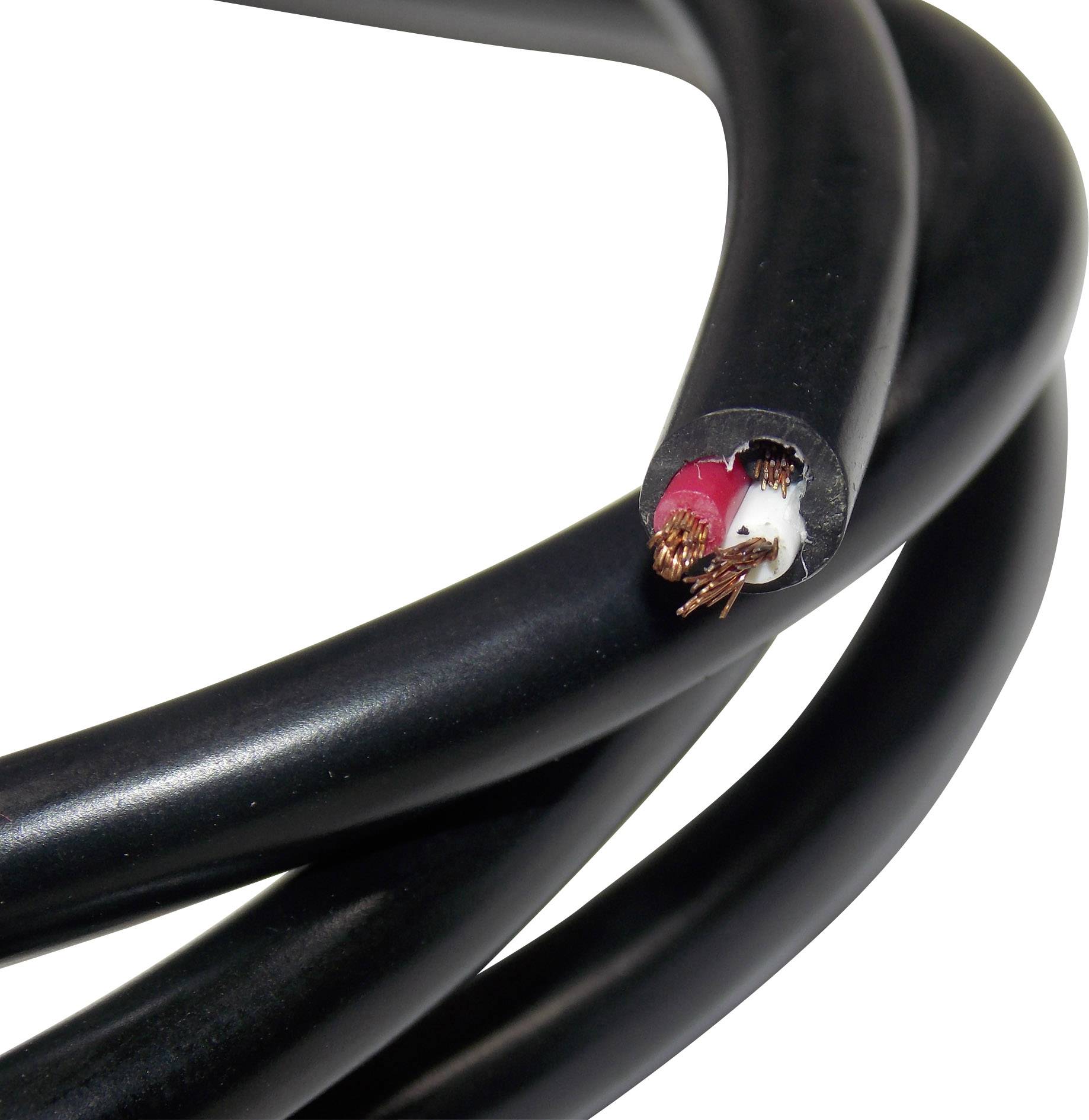 Câble coaxial noir, l'extrémité coupée révèle des fils blanc et rouge avec des brins de cuivre.