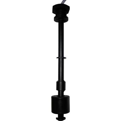 Capteur de niveau liquide en plastique noir avec un élément flottant, conçu pour mesurer le niveau d'eau dans les réservoirs. Adapté pour un montage vertical.