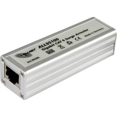 Un protecteur contre les surtensions Gigabit CAT 6 argenté de ALLNET, modèle ALL95100, avec connexions Ethernet et marques de certification.