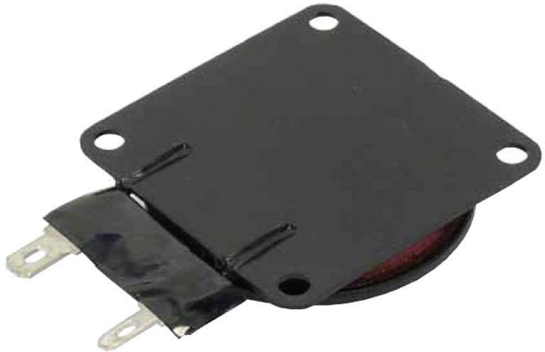 Buzzer piézoélectrique de forme rectangulaire avec deux bornes métalliques et quatre trous de fixation. Utilisé pour la génération de signaux audio.