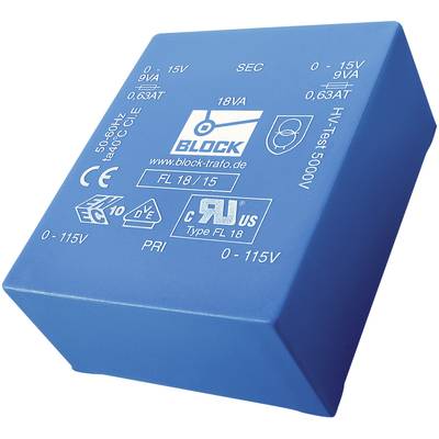 Transformateur bleu portant l'inscription 'BLOCK', avec des spécifications techniques telles que les tensions, une puissance de 18 VA, des symboles de sécurité et des détails de test visibles.