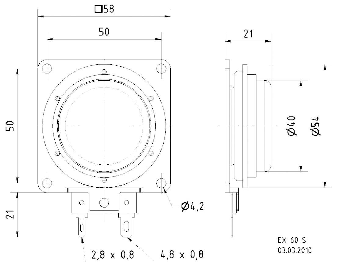Dessin technique d'un haut-parleur rond avec dimensions : diamètre de 58 mm, trou de fixation de 4,2 mm, mesures détaillées.