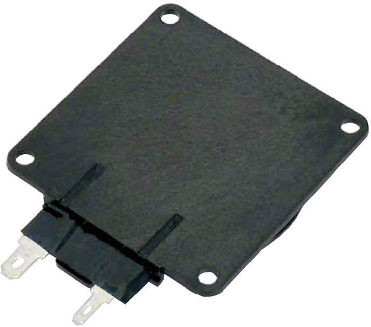 Une plaque rectangulaire noire avec quatre trous carrés et deux connexions en dessous, possiblement un composant électrique.