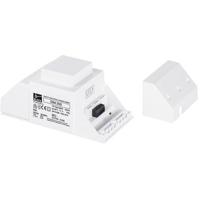 Un transformateur blanc rectangulaire portant des inscriptions techniques est représenté, avec ses connexions. Les spécifications de marque et de modèle sont clairement visibles.