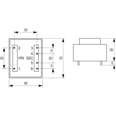 Dessin technique d'un transformateur électrique rectangulaire avec connexions, dimensions et étiquettes : PRI, SEC.