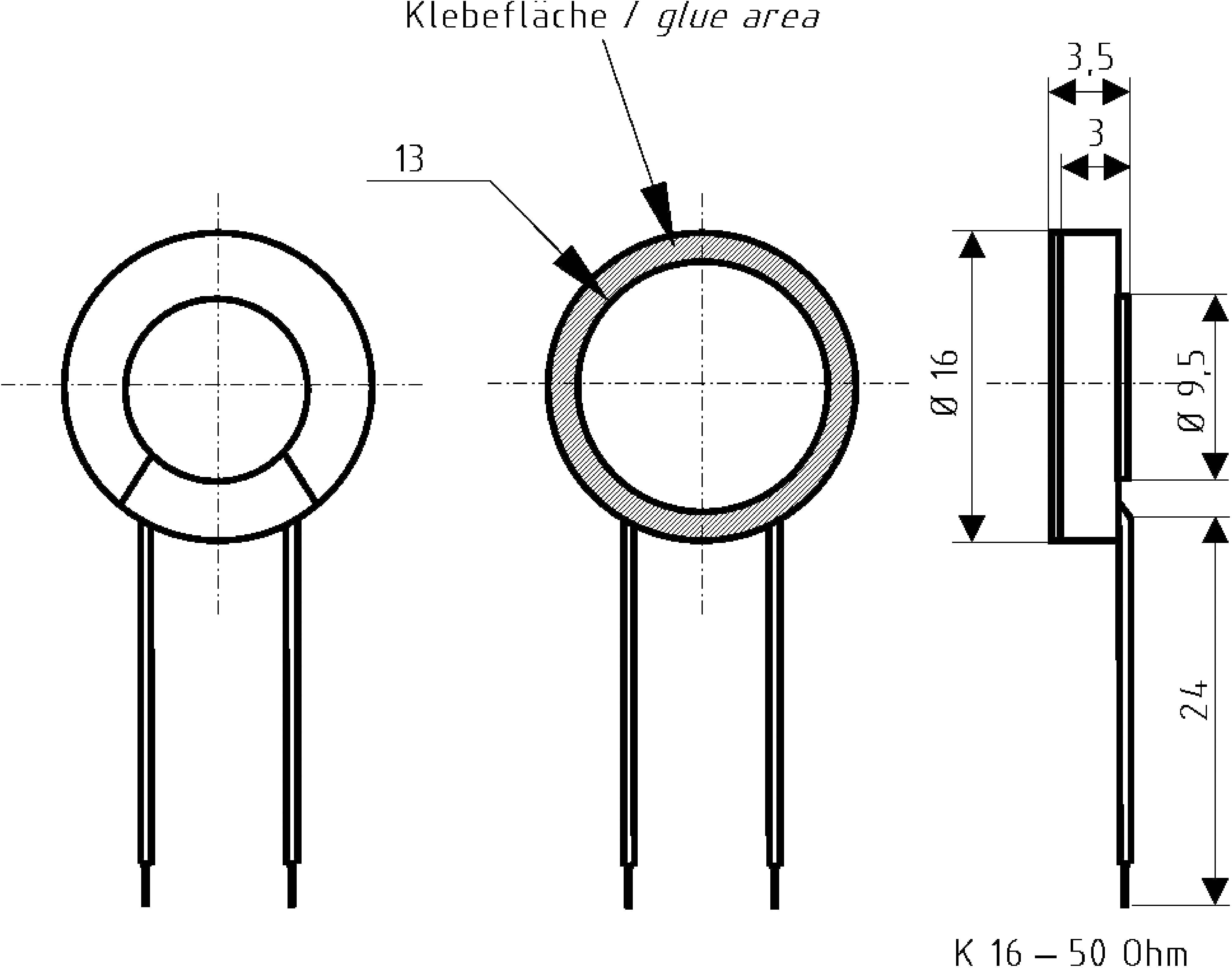 Dessin technique d'un composant électrique circulaire avec surface de collage et dimensions. Diamètre 16 mm, hauteur 24 mm, résistance 50 ohms.