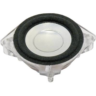 Un haut-parleur rond avec un bord noir et un centre argenté visible, monté sur un support transparent en plastique.