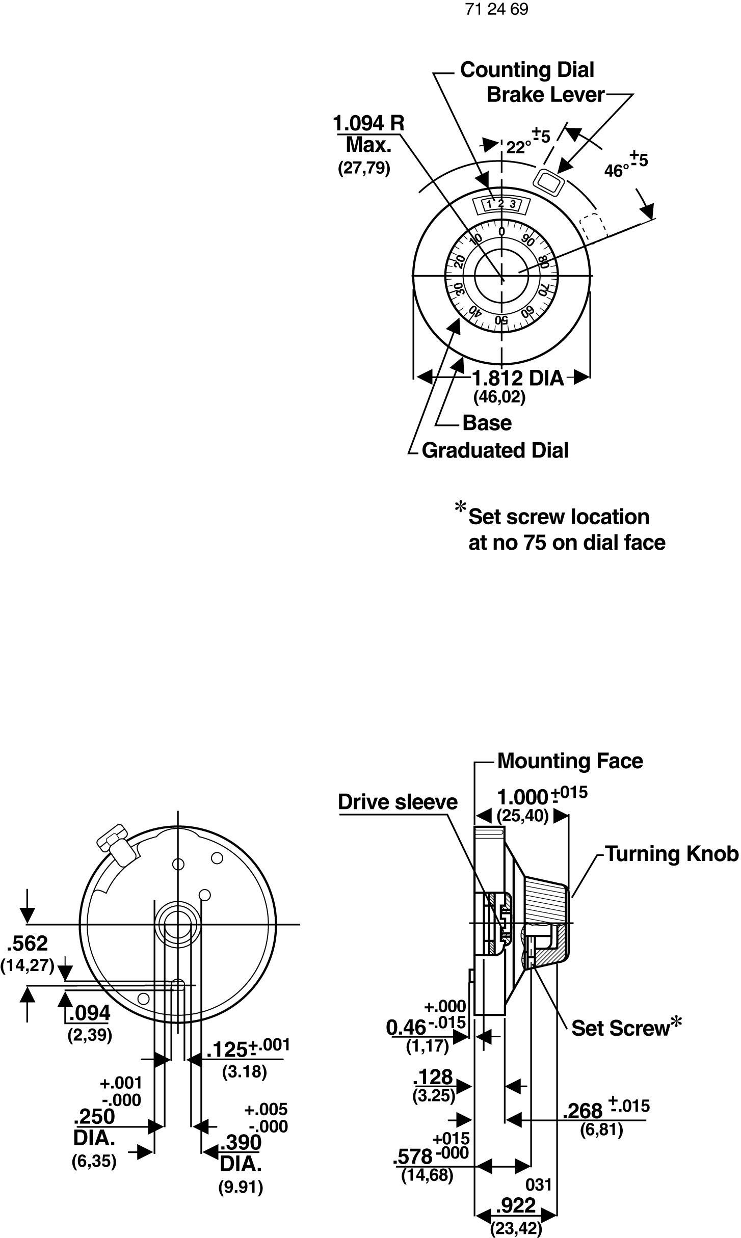 Dessin technique d'un composant avec dimensions et annotations. Comprend une vue de dessus et une vue latérale, montrant les esquisses d'un levier de comptage.