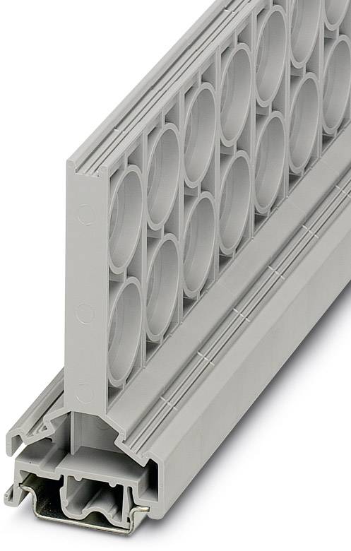 Élément en plastique gris avec des motifs structurels rectangulaires, probablement un profil technique ou un composant de construction.