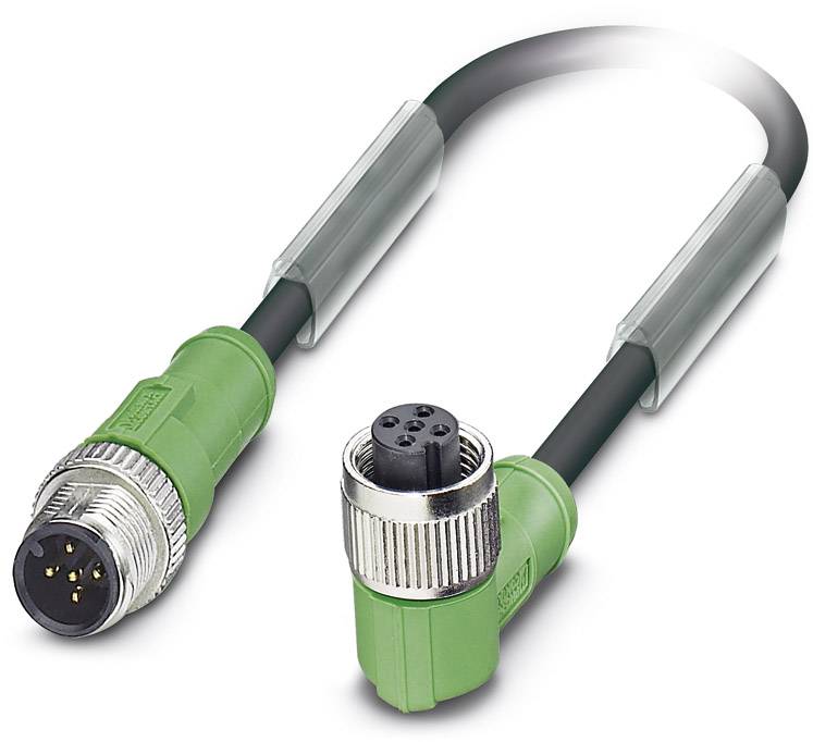 Câbles avec connecteurs M8, mâle vers femelle, avec boîtiers en plastique vert et filetage métallique cannelé pour applications industrielles.