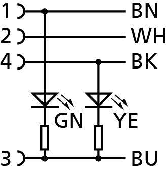 'Schéma de symbole de commutation électrique avec six fils : BN, WH, BK, GN, YE, BU ; deux voyants LED (GN, YE) sur le nœud 3/4.'