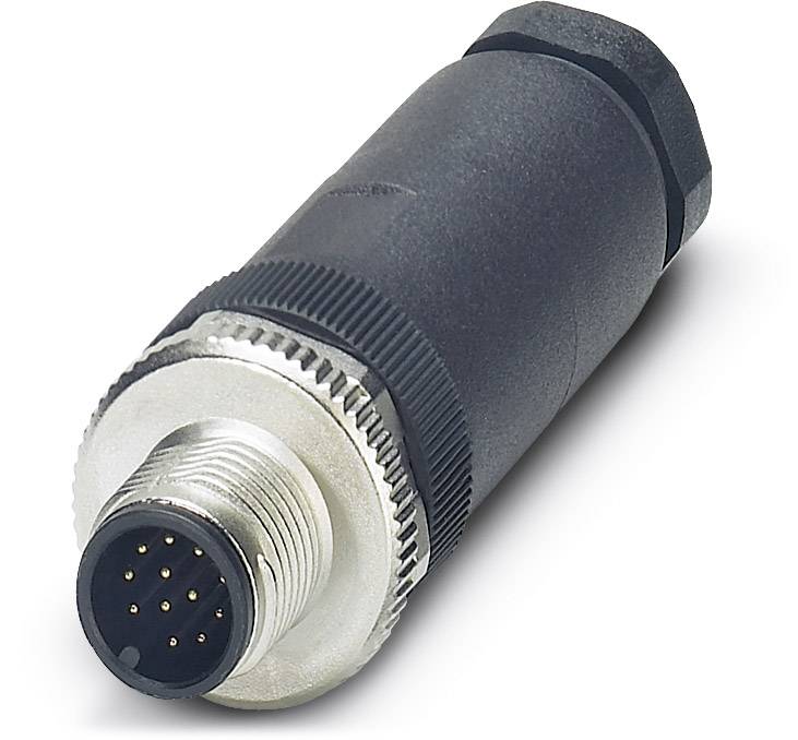 Un connecteur M12 noir cylindrique avec un filetage métallique et plusieurs broches de contact, utilisé pour les connexions électroniques.