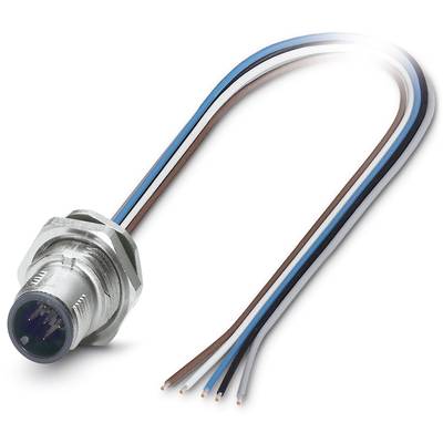 Connecteur métallique avec cinq fils de couleurs : bleu, blanc, noir, marron et gris. Connecteur pour liaisons électroniques.