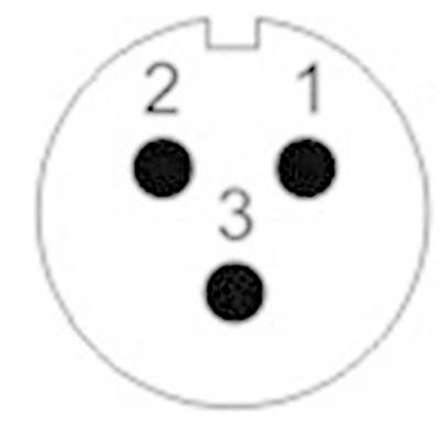 Illustration d'un connecteur tripolaire. Trois broches sont numérotées : en haut à droite '1', en haut à gauche '2', en bas au centre '3'.
