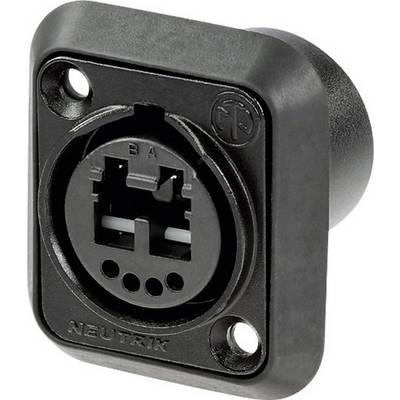 'Prise audio Neutrik noire à quatre pôles, montée sur une plaque rectangulaire avec deux trous de fixation.'