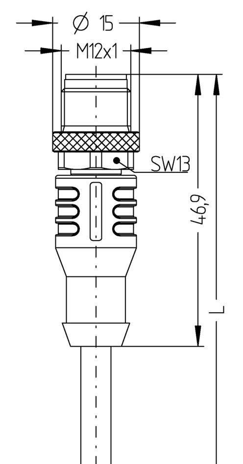 Diagramme de connexion avec filetage M12x1, diamètre de tête de 13 mm et longueur totale de 469 mm. Adapté pour les descriptions techniques de raccordement.