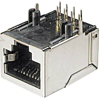 Une prise RJ45 pour câbles réseau. Argentée avec plusieurs broches sur le dessus. Couramment utilisée pour les connexions Ethernet dans les réseaux informatiques.
