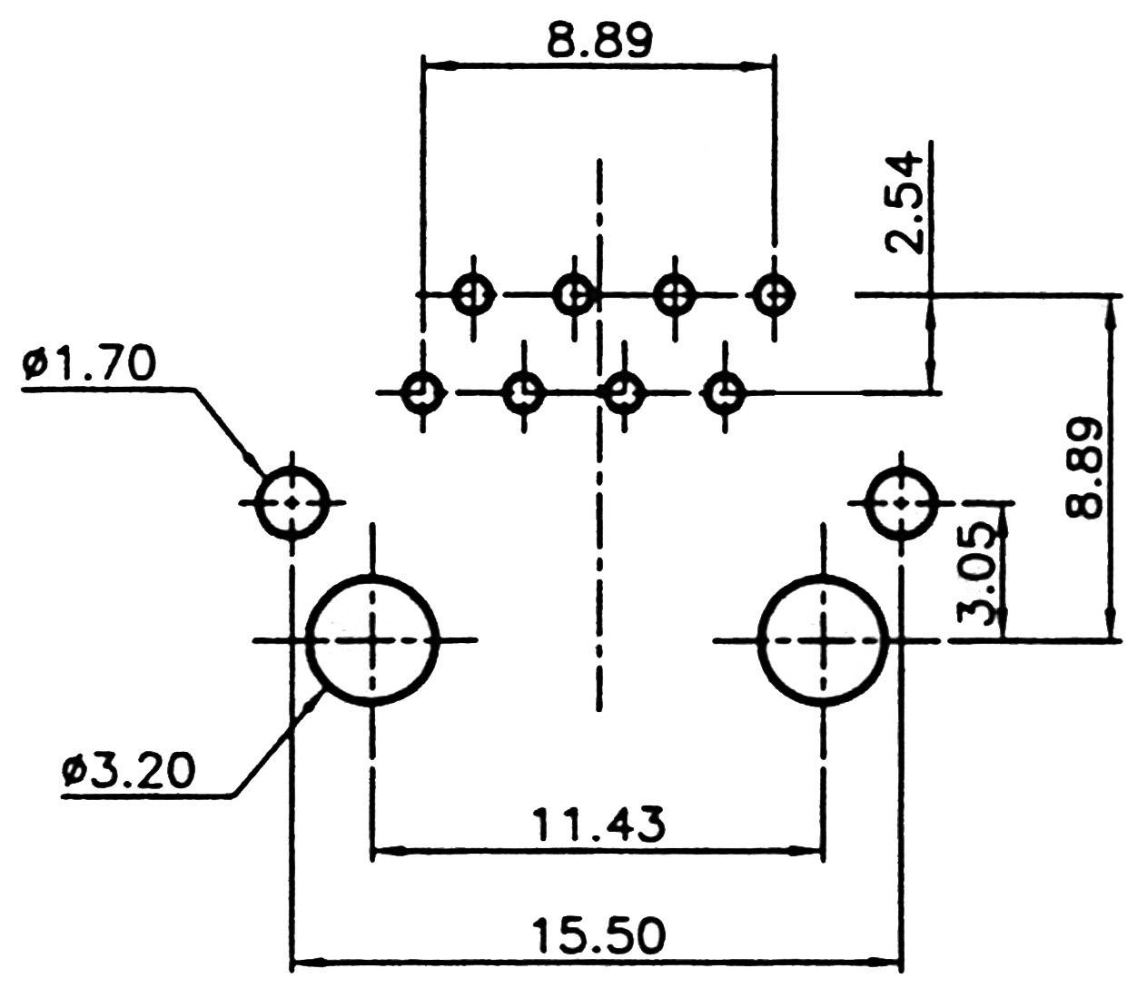 Dessin technique d'un motif de perçage avec dimensions en millimètres. Les trous principaux ont un diamètre de 1,70 et 3,20 mm.