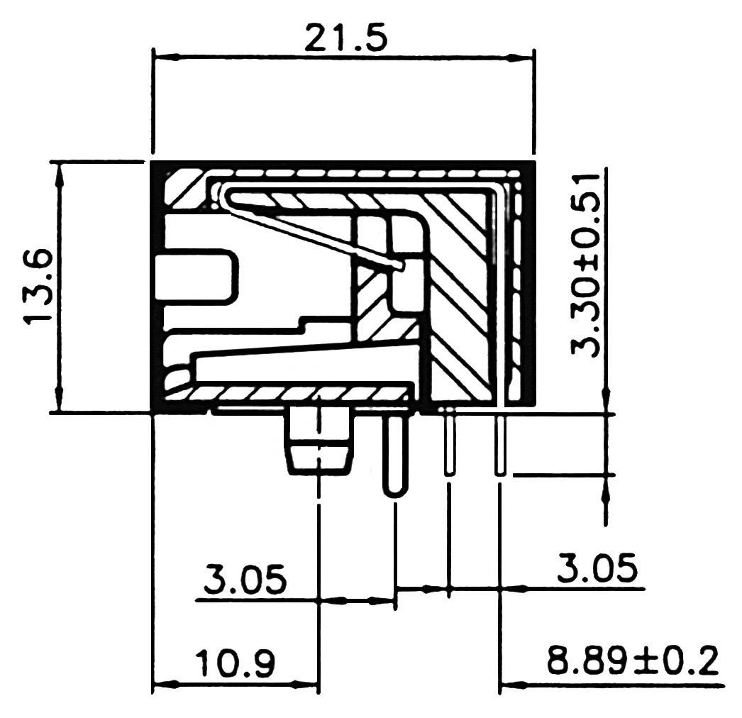 Dessin technique d'un composant électrique rectangulaire avec les dimensions : 21,5 x 13,6 x 10,9 mm. Connexions et structure interne visibles.