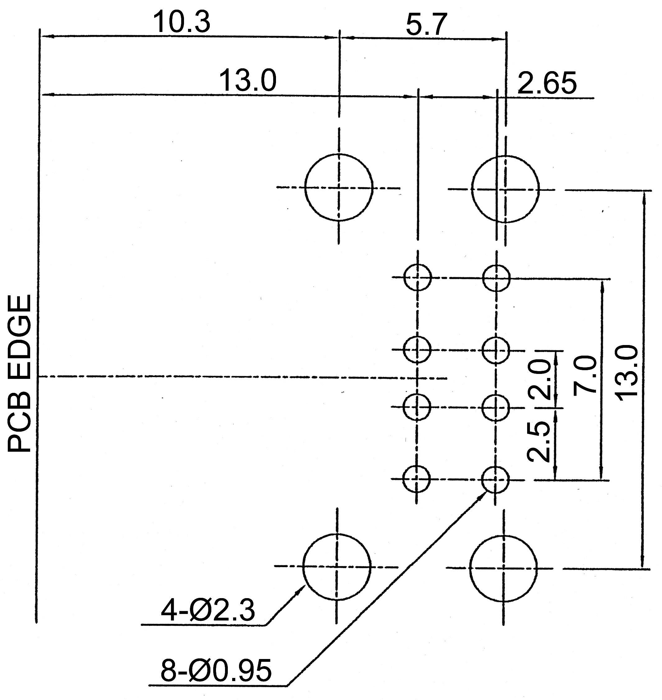 Dessin technique d'une disposition de circuit imprimé avec des dimensions en millimètres. Les points de fixation et les trous de perçage avec leurs diamètres sont indiqués.