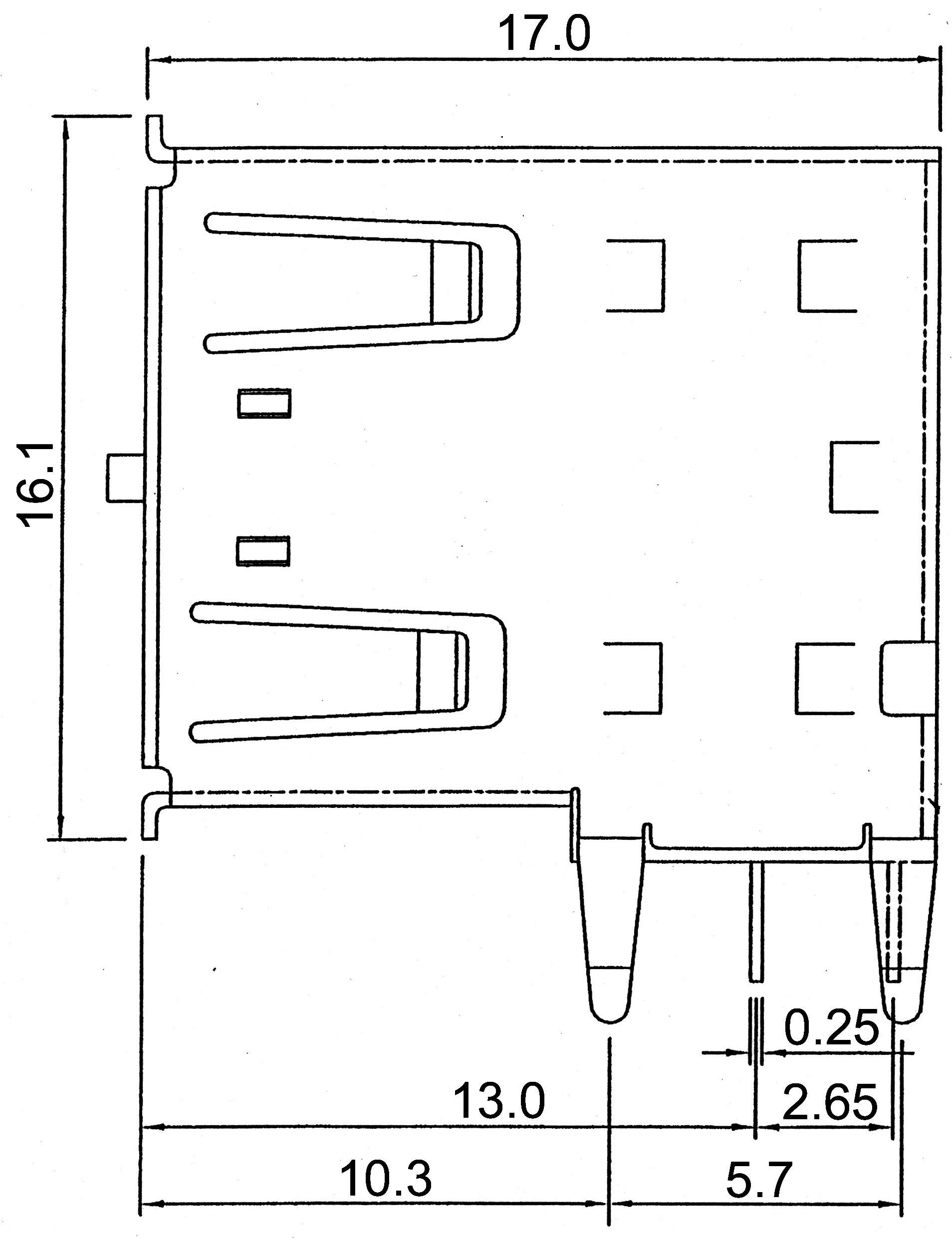 Dessin technique d'un connecteur avec cotes : largeur 17, hauteur 16,1, profondeur 13, autres dimensions 10,3 et 5,7 mm.