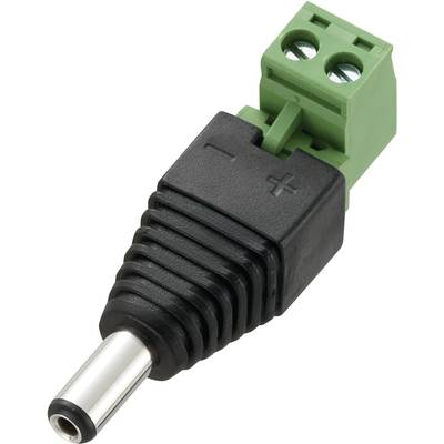 Adaptateur d'alimentation avec boîtier en plastique noir, fiche argentée et borne de vis verte.