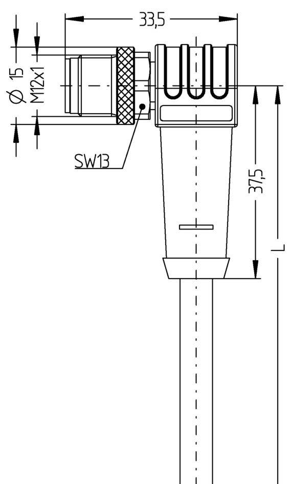 Dessin technique d'un connecteur avec des dimensions précises, incluant les indications de longueur et de diamètre, ainsi que les types de filetage.