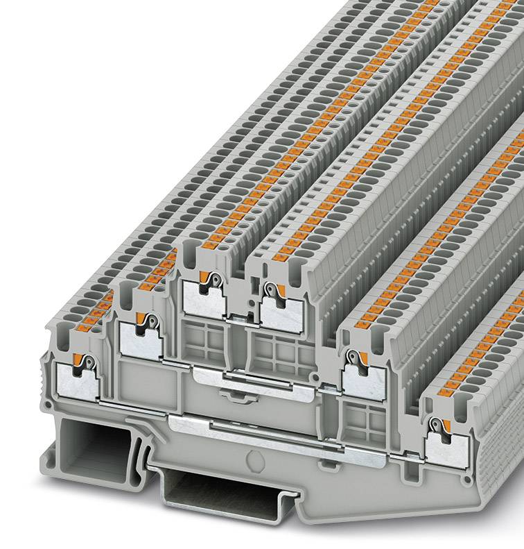 Un bloc de bornes multi-étages gris avec des leviers orange, utilisé pour le câblage électrique dans les armoires électriques.