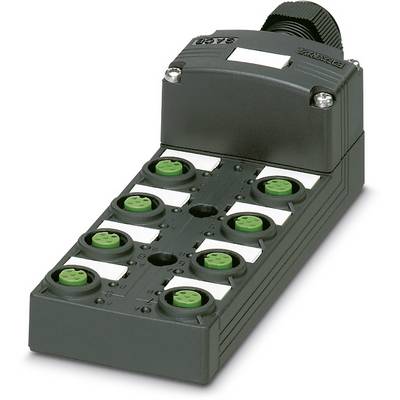 Un répartiteur électronique noir avec huit ports de connexion verts et un connecteur de câble noir en haut, posé sur une surface claire.